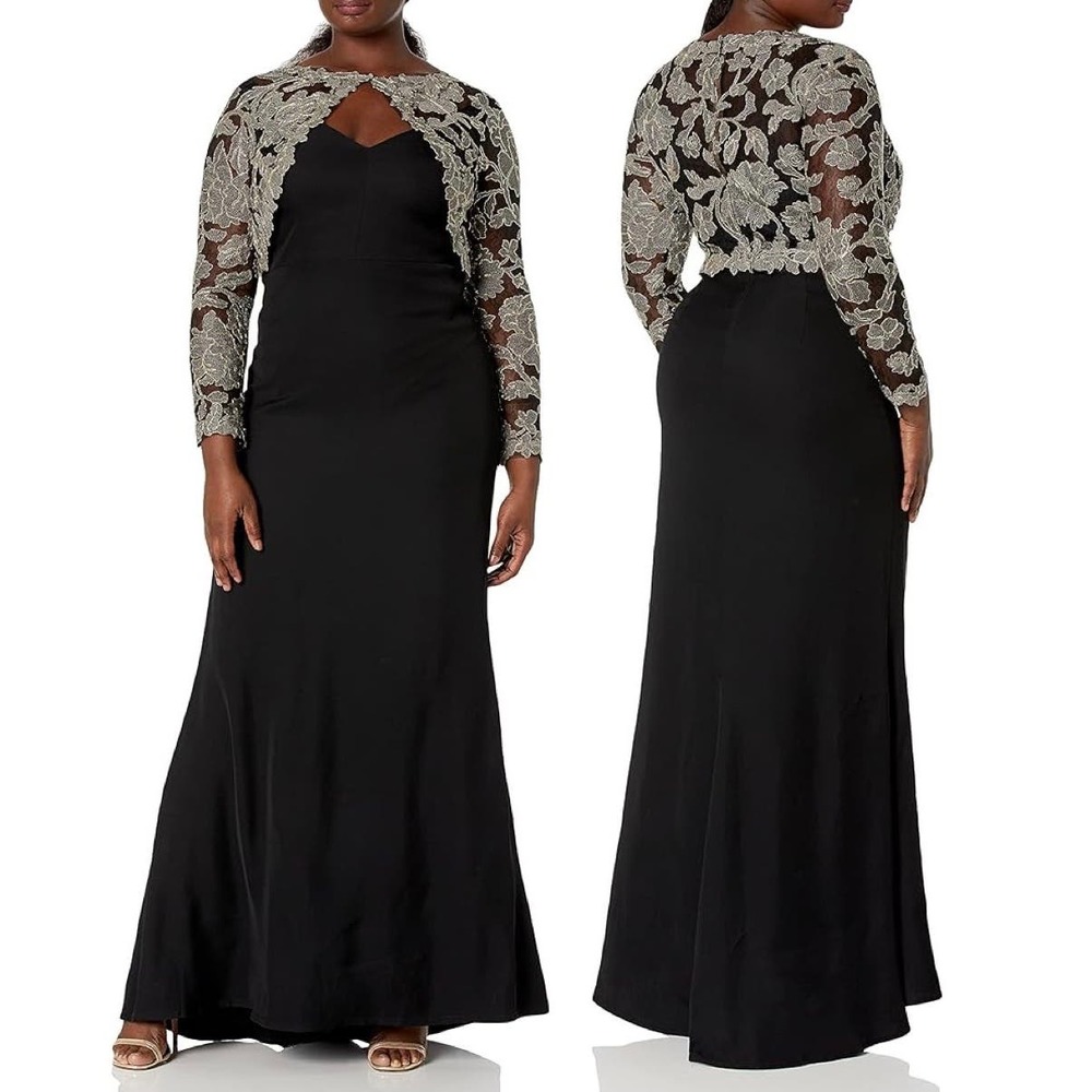 Tadashi Shoji Black Darya Embroidered Lace Evening Gown Size 16